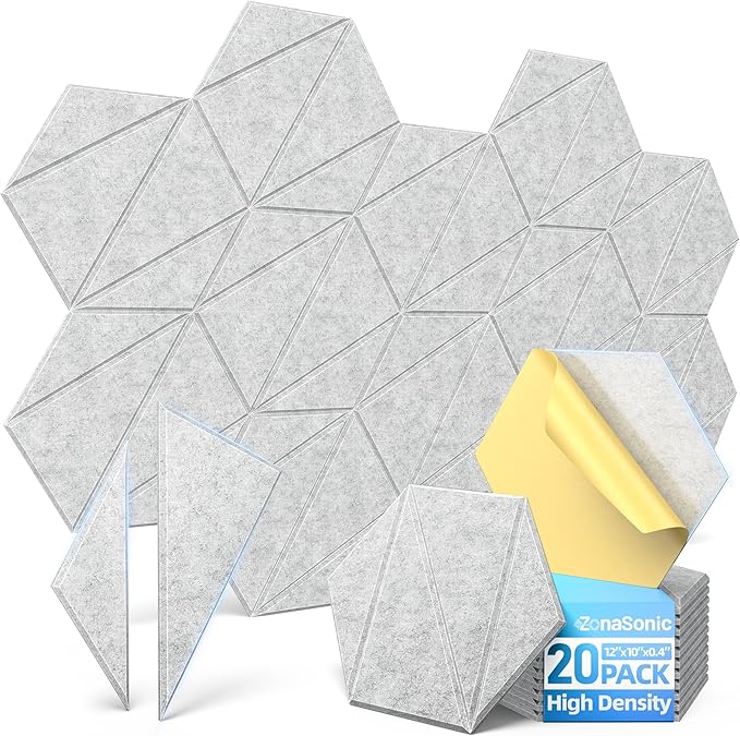 20 Pack Acoustic Panels with Self-Adhesive 12"X10"X0.4" Sound Proof Foam Panels for Walls, High Density Soundproof Wall Panels, Z-Line Hexagon Sound Dampening Panels for Home Studio Decor Office-Gray