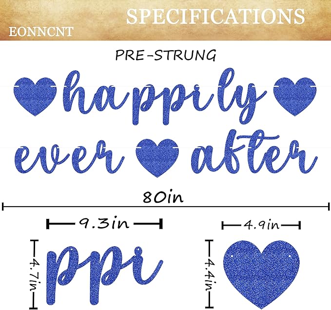 Pre-Strung Happily Ever After Banner - Royal Blue Glitter Bachelorette Bridal Engagement Party Decoration Supplies, Bachelorette Wedding Party Banner for Engagement, Bridal Shower, Wedding Party Photo Booth Props