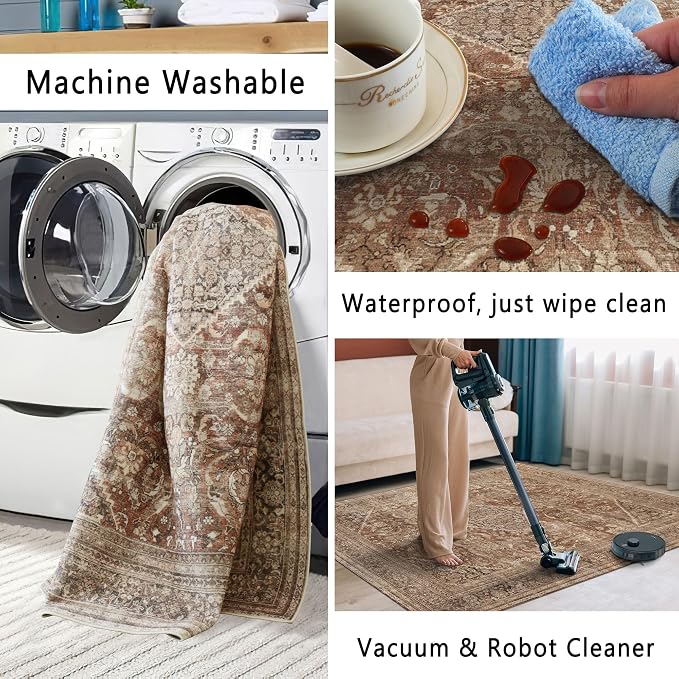 vivorug 3x5 Rug, Small Area Rug for Living Room, Bedroom, Kitchen, Machine Washable Non-Slip Throw Rug, Vintage Carpet for Entryway Nursery Coffee Table - Durable (Brown)