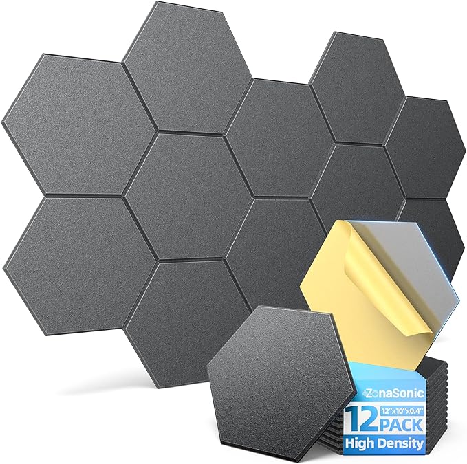 12 Pack Hexagon Acoustic Panels with Self-Adhesive, 12" X 10" X 0.4" Sound Proof Foam Panels for Walls, High Density Soundproof Wall Panels, Sound Dampening Panels for Home Studio Decor Office - Black