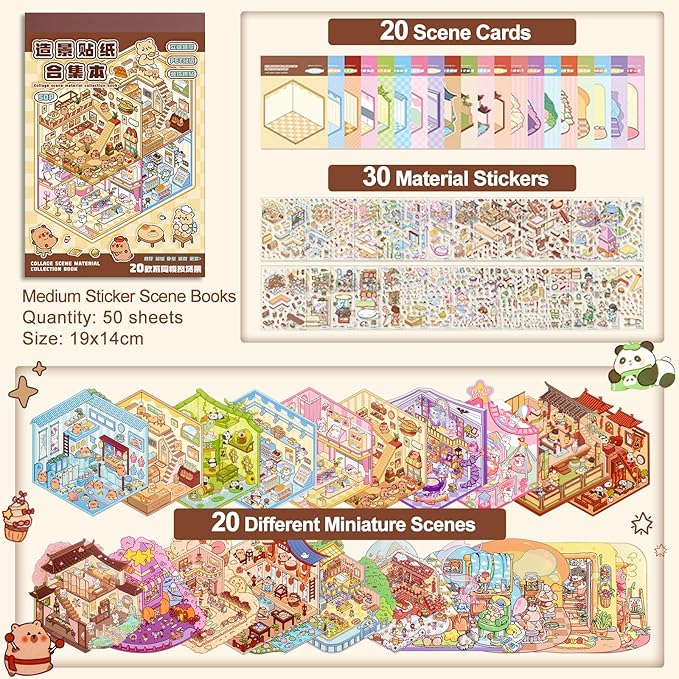 ASTARON 20 Sets DIY 3D Sticker Scene Book Sticker Therapy for Adults, Make Your Own Mini Cozy Shop House Room Stickers Cute Cartoon Miniature Stickers for Girls, Relief Stress Pass The Time