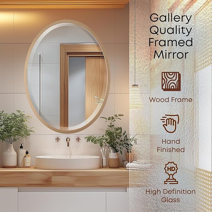 OVALCREST - Oval Wooden Beveled Wall Mirror for Home Decor, Bathroom, Vanity, Bedroom, Living Room, Hallway - London Style (Gold Spray) 25.1 x 21.1
