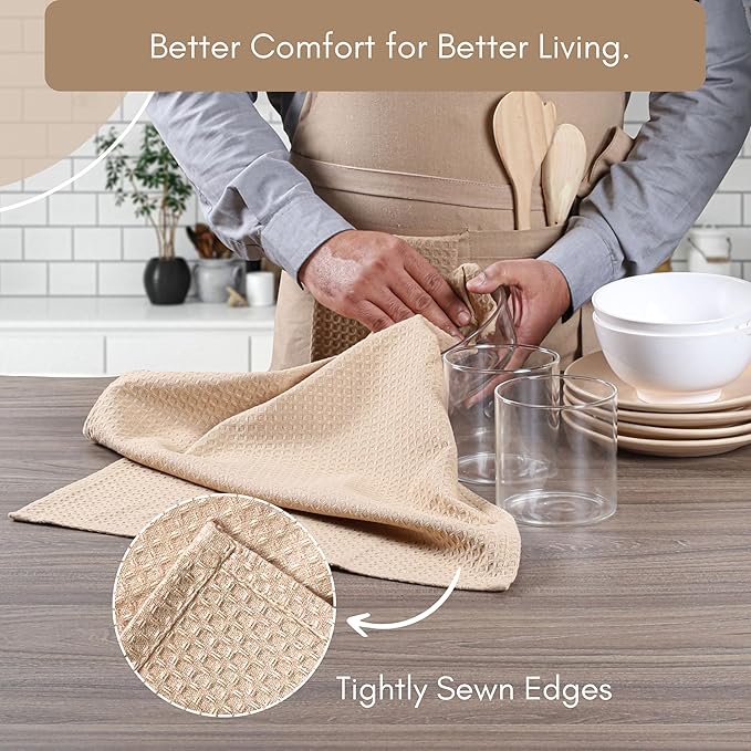 TWINY threads Kitchen Towels Set of 12, 16x26 Inches, 100% Cotton Waffle Weave Dish Towels, Soft, Absorbent Tea Towels with Hanging Loop, Washable Reusable Cloths for Cleaning, Beige