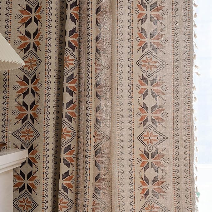 Boho Curtains 63 Inch Length 2 Panels Geometric Patterned Drapes Bohemian Semi Sheer Rod Pocket Tassel Short Window Curtain Panels for Bedroom Living Room Farmhouse Coffee Brown Vintage Rustic Curtain