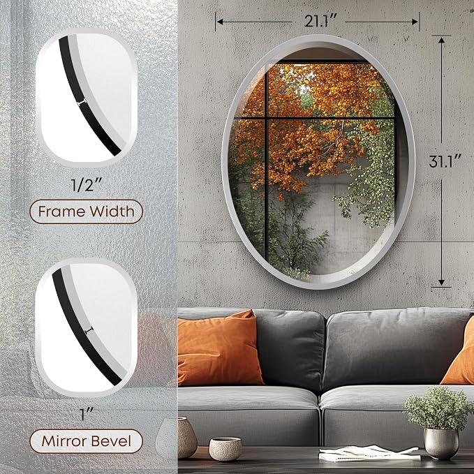 OVALCREST - Oval Wooden Beveled Wall Mirror for Home Decor, Bathroom, Vanity, Bedroom, Living Room, Hallway - London Style (Silver Spray) 31.1 x 21.1