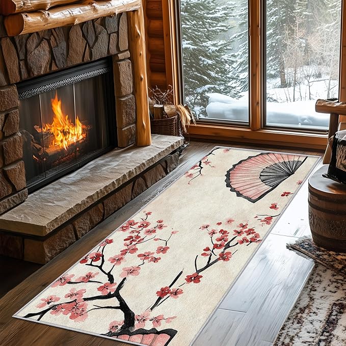 Japanese Cherry Blossom Runner Rug 4x9, Oriental Fan Design, Asian Area Rug, Washable Non-Slip Floor Carpet Runner for Bedroom, Dining Room, Living Room Aisle