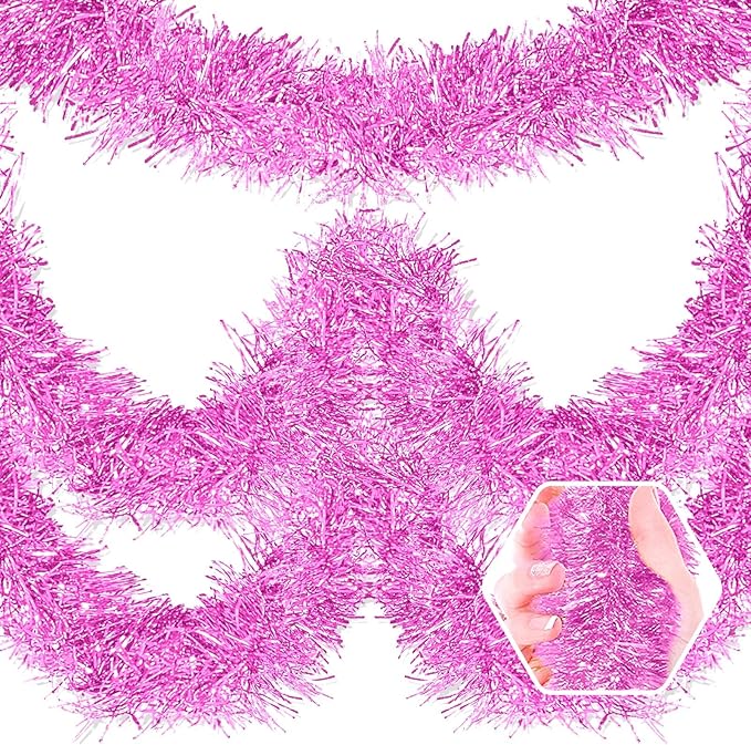 25 Feet Christmas Foil Fringe Banner Metallic Tassle Garland Metallic Backdrop Parade Floats Shiny Hanging Ceiling, Valentine's, Wedding, New Year Party Decorations(4" x 25', Macaron Pink)