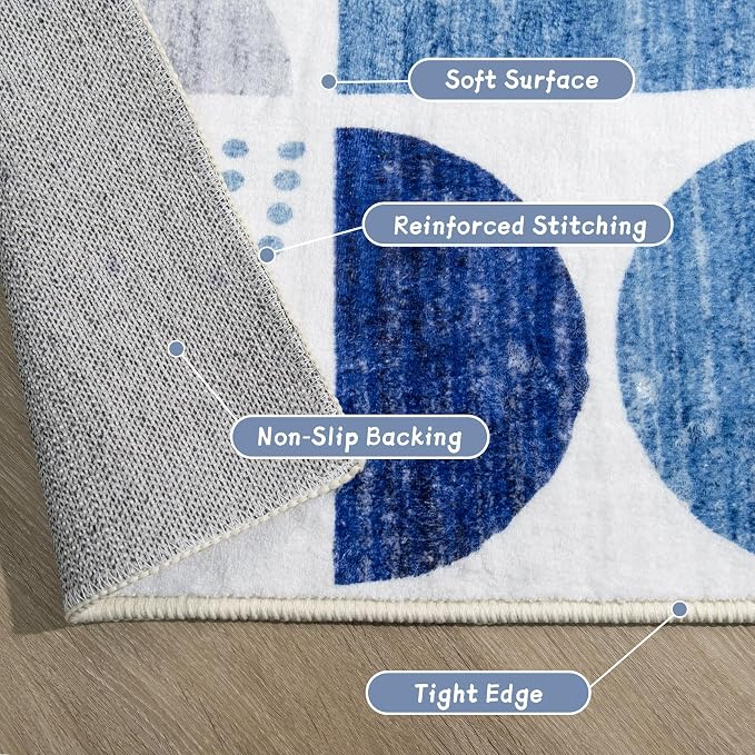 MUJOO Round Rugs 6ft,Circle Area Rug Washable,Circular Rugs for Living Room Dining Room,Large Boho Non Slip Throw Floor Carpet Modern Abstract Navy Blue