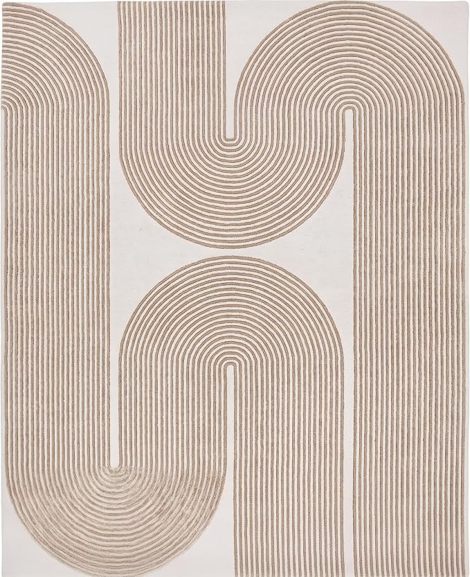Modern Handmade Wool Area Rug, Abstract Curved Line Geometric Indoor Carpet for Living Room Bedroom, Contemporary Tufted Rug with Soft Pile and Cotton Backing (Sand Beige, 8' x 10')