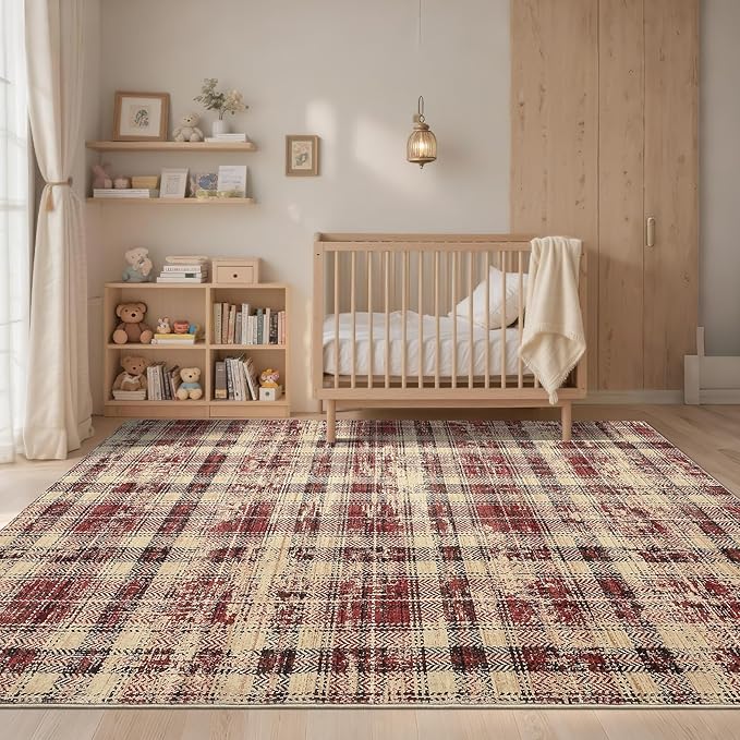 Washable Rugs 5x7 Rug for Living Room Bedroom Rug Modern Plaid Area Rug Soft Carpet 5'x7' Red