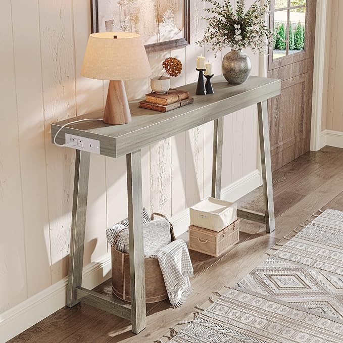 Huuger Entryway Console Table with Charging Station, USB-C Port, 47.2 Inch Sofa Table with Metal Legs, Entry Hallway Table with Thicker Desktop, Modern Behind Couch Table, Grey