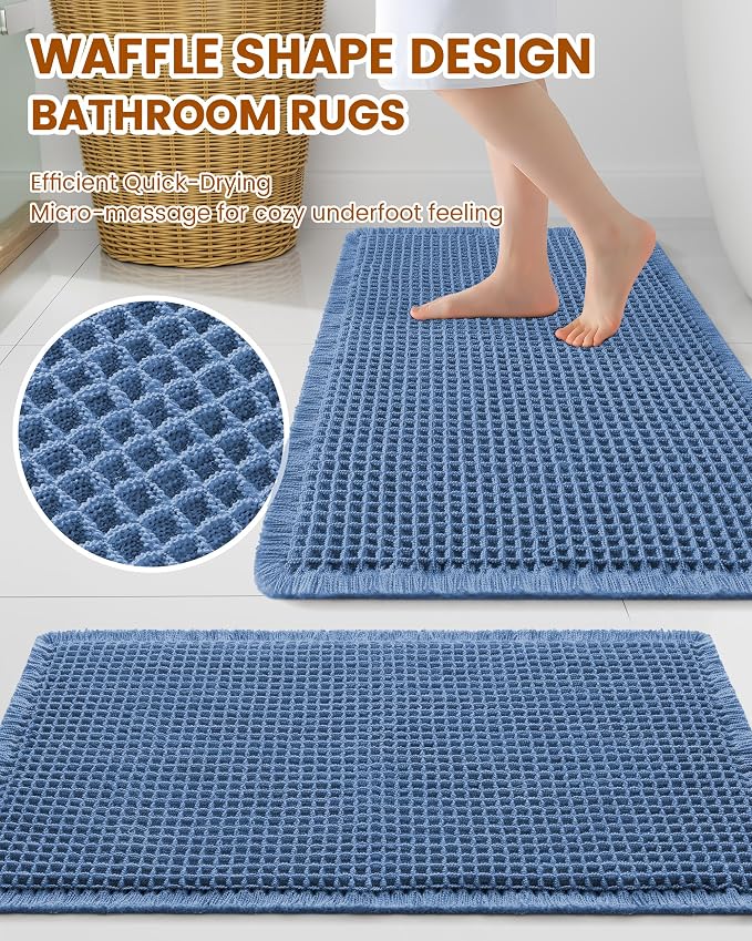 Smiry Waffle Bath Mat 30x20, Extra Soft Absorbent Bathroom Rugs, Non Slip Machine Washable Quick Dry Bath Rugs for Bathroom Floor, Tub, Shower, Home Decor Accessories, Blue