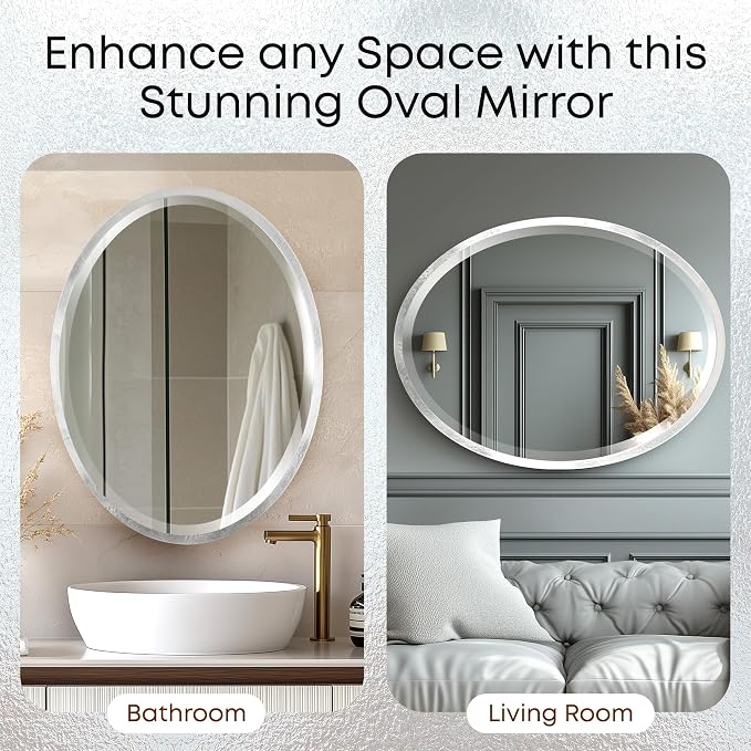 OVALCREST - Oval Wooden Beveled Wall Mirror for Home Decor, Bathroom, Vanity, Bedroom, Living Room, Hallway - London Style (Silver Leaf with Brown Antique) 31.1 x 25.1