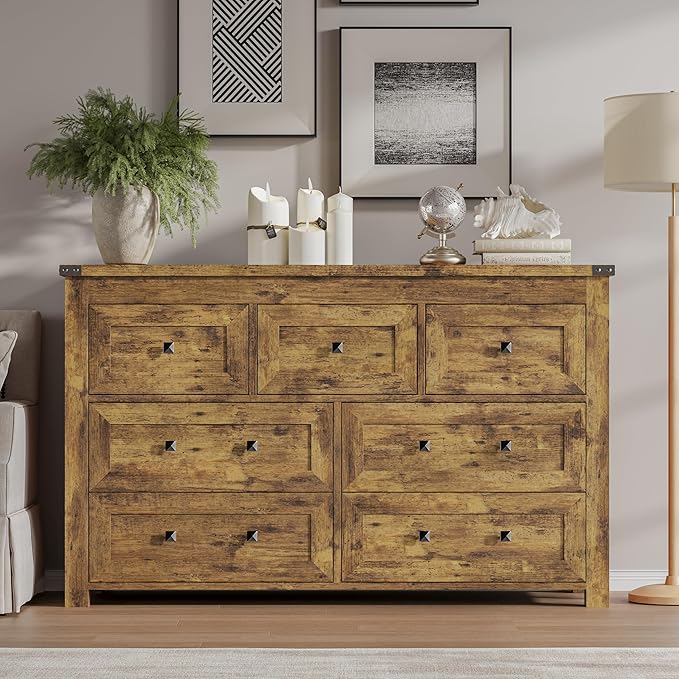BORNOON 7-Drawer Dresser, Modern Wooden Storage Chest of Drawers, Dresser TV Stand, Wood Drawer Organizer with Metal Handles for Bedroom, Living Room, Hallway