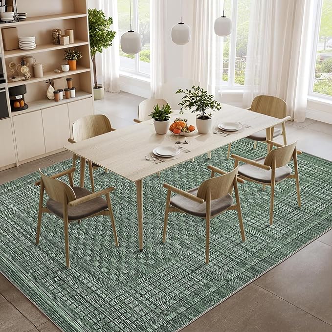 Washable Rugs 8 x 10 Rug for Living Room Modern Green Bedroom Rug Checkered Farmhouse Plaid Large Area Rug Non Slip Throw Rugs Soft Low Pile Stain Resistant Carpet for Nursery 8'x10' Green