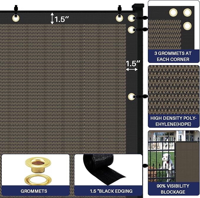 Windscreen4less Privacy Fence Screen Heavy Duty Windscreen Fencing Mesh Fabric Shade Net Cover with Brass Grommtes for Outdoor Wall Garden Yard Pool Deck, 6'x226' Brown