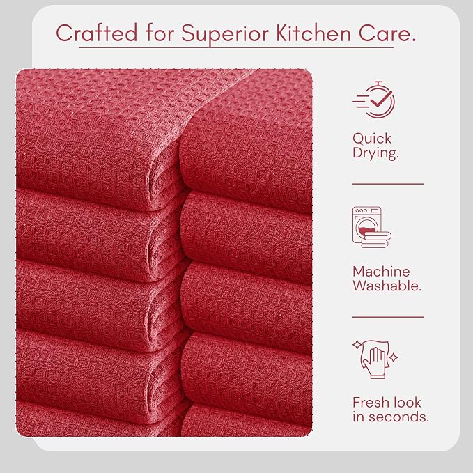 TWINY threads Kitchen Towel Waffle Weave, 6 Pack, 16x26 Inches, Premium Cotton Wash Rags, Absorbent Quick Drying Linen for Home and Restaurant Kitchens, Reusable Dish Cloths for Drying Dishes, Red