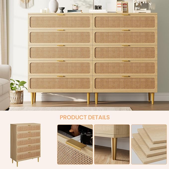 Garvee Rattan Dresser with 5 Drawers, Tall Modern Closet with Deep Storage, Large Chest of Drawers with Wide Top, Long Wooden Dresser for Bedroom, Living Room, Hallway, Kids Room, Natural