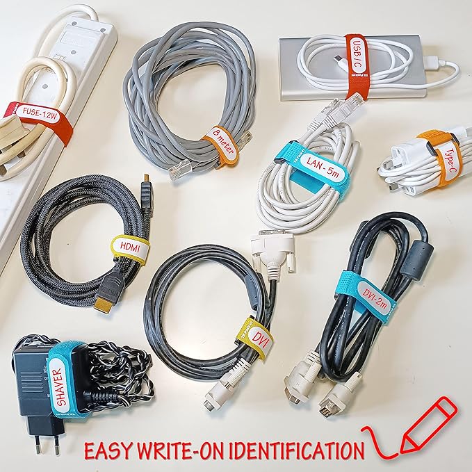 Multi-Purpose Cinch Straps (Assorted-Color 20 Pack). Reusable Waterproof Hook and Loop Cable Tie, Write-on Label for Easy Cord & Stuff Indentification, Organization & Management, by TX Pack-es