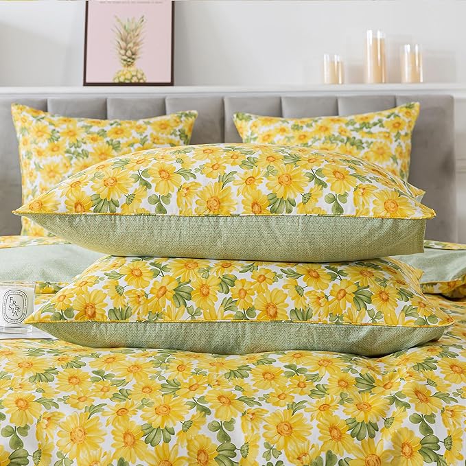 FADFAY Sunflower Duvet Cover Set Queen Vintage Yellow Daisy Floral Bedding Shabby Botanical Comforter Cover Set 100% Percale Cotton Ultra Soft Quilt Cover with Hidden Zipper Closure 3Pcs, Queen Size