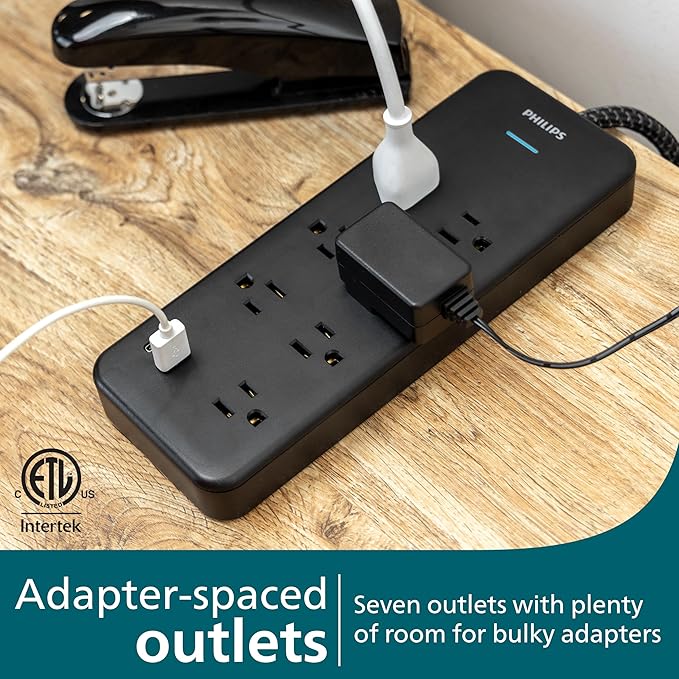Philips 7-Outlet Surge Protector Power Strip with USB, 1 USB-A, 1 USB-C, 6 Ft Braided Extension Cord, Mutli Plug Outlet Extender, Adapter-Spaced, Charging Station, 15W, 1500 Joules, Black, SPP3703B/37