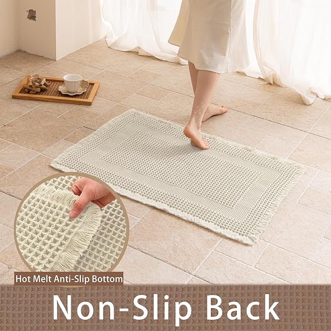 Waffle Bath Mat Non Slip, Boho Bathroom Rug, Super Absorbent Quick Dry Bathroom Mat, Soft Farmhouse Bath Rug with Tassels, Small Washable Shower Mats for Floor 20"x32", Square Cream