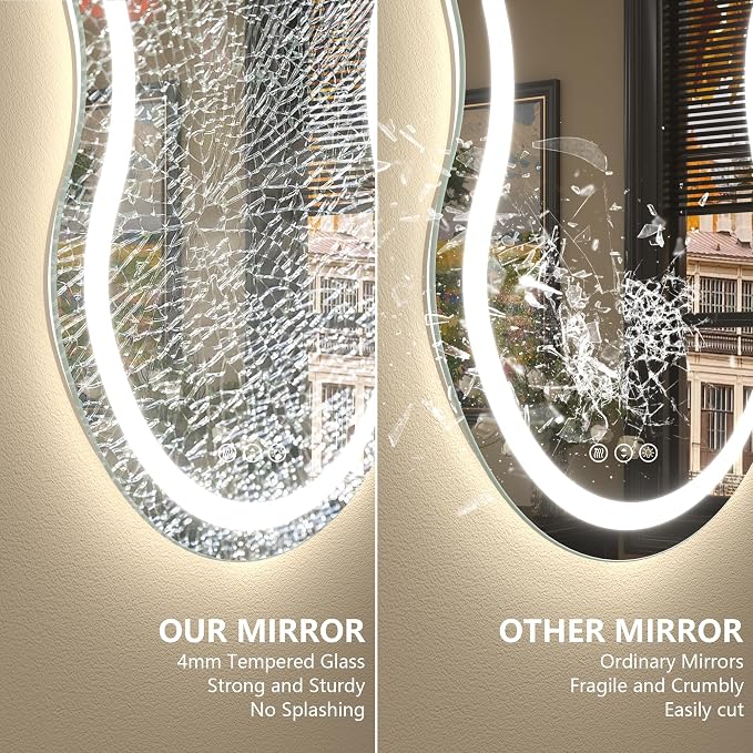 Irregular Backlit Bathroom Mirror with Lights 20x36 Inch, Asymmetrical Cloud-Shaped Led Lighted Vanity Mirror, Fogless, Dimmable, Shatterproof, Memory (Horizontal/Vertical)