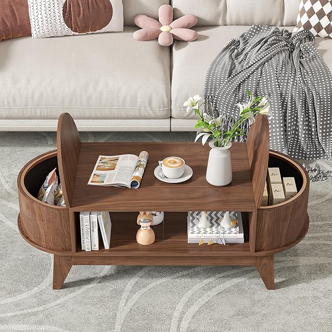 Coffee Table with Storage,Mid Century Modern Coffee Tables with 2 Flip-Top Hidden Lids,Fluted Coffee Table,Wood Center Tables for Living Room Home Office (Walnut Color)