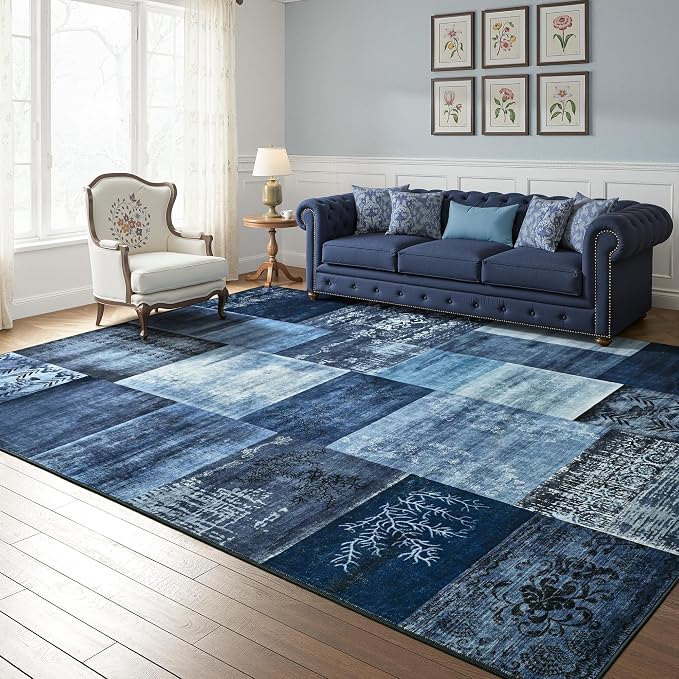 Tepook 8x10 Blue Area Rugs for Living Room, Modern Large Geometric Rug for Bedroom, Washable Patchwork Rug Indoor Non Slip Throw Carpets for Dining Room Office Farmhouse Home Decor