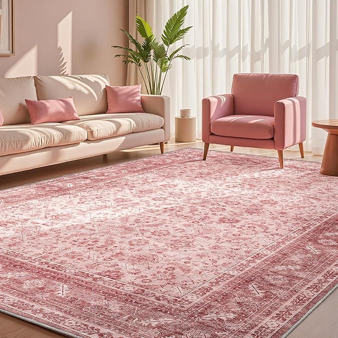OPPODREAM Vintage Pink Area Rugs 8x10, 8 x 10 Retro Washable Rug Non Slip, Low-Pile Faux Wool Carpet, Distressed Floor Mat for Living Room, Bedroom, Office, Dorm, Dinning Room, Big & Large