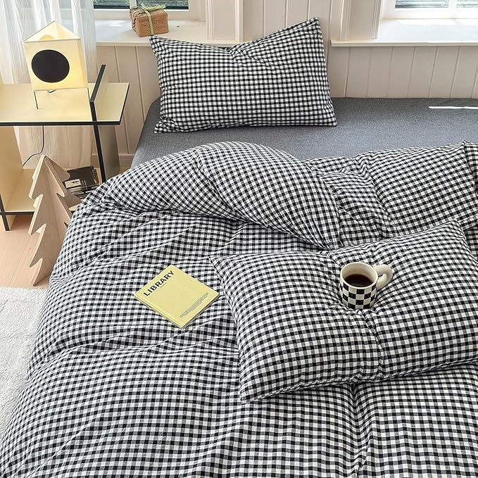 LifeTB Black Gingham Comforter Set King Geometric Checkered Plaid Comforter Set 3 Pieces Boho Grid Comforter with 2 Pillowcases Fluffy Soft Checkered Pattern Lightweight Gingham Bedding Set King