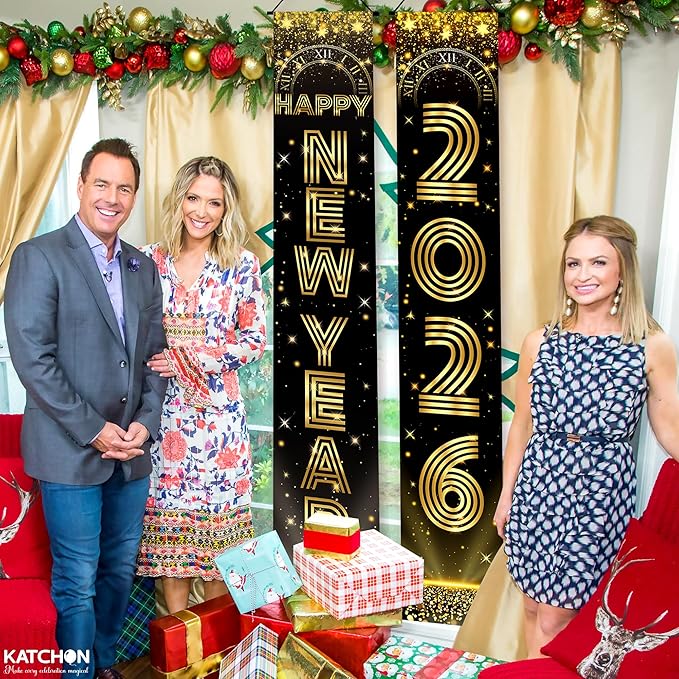 KatchOn, Large Happy New Years Door Banner 2026-72x12 Inch | Black and Gold Hanging Porch Sign | Happy New Year 2026 Banner | New Years Eve Party Supplies for Outdoor, Indoor | Home Wall Decor