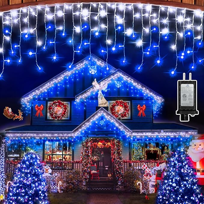 792 LED Christmas Outdoor Lights with 176 Drops, 82ft Hanging Curtain Lights 8 Modes, Christmas Fairy Lighs with Timer & Memory for House Roof Holiday Wedding ChristmasDecor Blue & Cool White