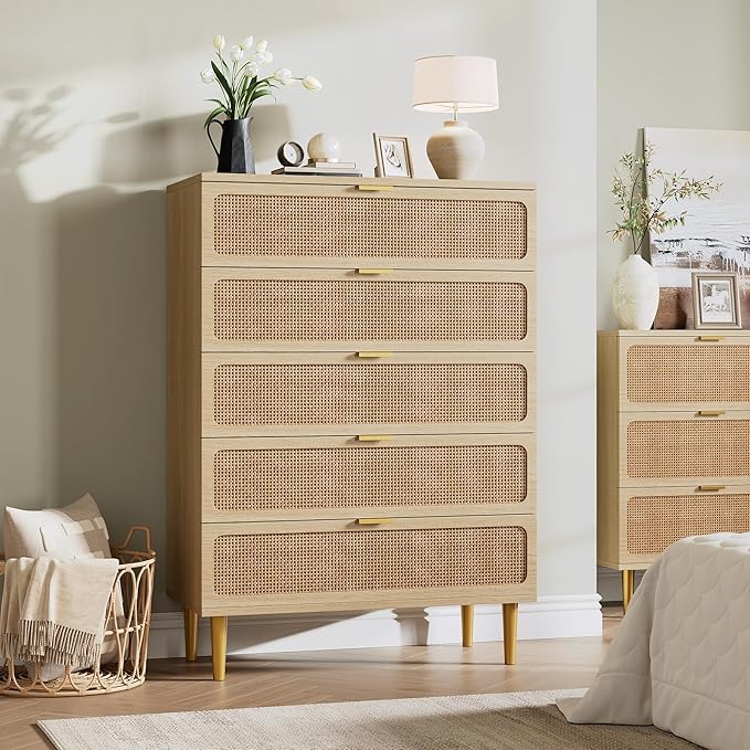 Garvee Rattan Dresser with 5 Drawers, Tall Modern Closet with Deep Storage, Large Chest of Drawers with Wide Top, Long Wooden Dresser for Bedroom, Living Room, Hallway, Kids Room, Natural