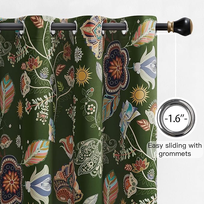 XiDi Green Floral Curtains 102 Inches Long 2 Panels Vintage Patterned Blackout Curtains for Living Room Thermal Insulated Grommet Luxury Cottage Core Botanical Printed Drapes Moss Green 52x102