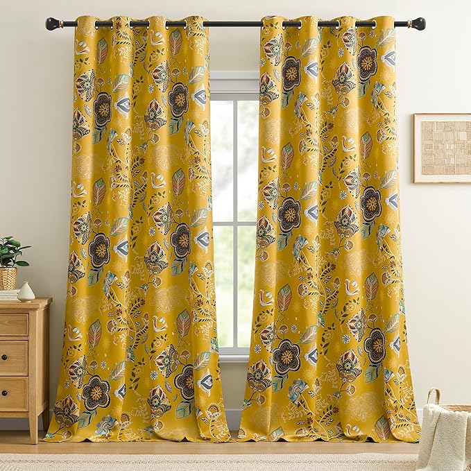 XiDi Mustard Yellow Patterned Blackout Curtains 84 Inches Long Vintage Floral Curtains for Bedroom Living Room 2 Panels Thermal Insulated Grommet Top Luxury Mid Century Colorful Drapes 52x84