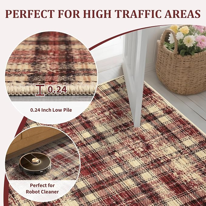 Tartan Plaid Runner Rug for Hallway 2.5x12 Kitchen Rugs Non Slip Washable Modern Entryway Rug Soft Bathroom Rugs Stain Resistant Carpet for Hallway Laundry Bedroom 2'6''x12' Red