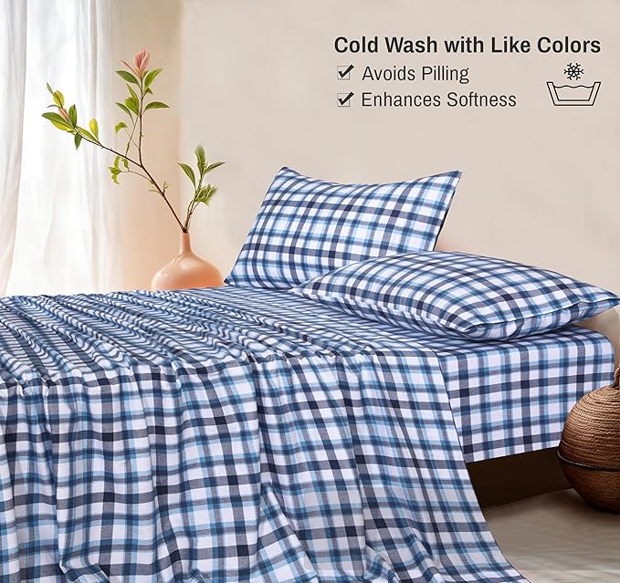 RUVANTI Flannel Sheets California King Size - 100% Cotton Brushed Cal King Bed Sheets Set - Deep Pockets 14 Inches - All Seasons Breathable & Extra Soft - Warm & Cozy, 4 Piece, Gingham Addition