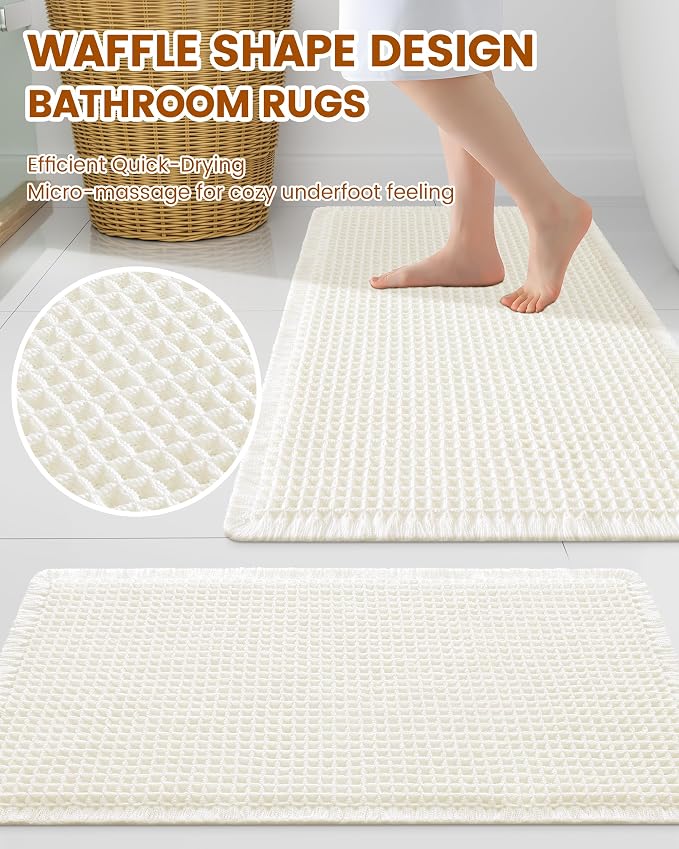 Smiry Waffle Bath Mat 47x24, Extra Soft Absorbent Bathroom Rugs, Non Slip Machine Washable Quick Dry Bath Rugs for Bathroom Floor, Tub, Shower, Home Decor Accessories, Cream