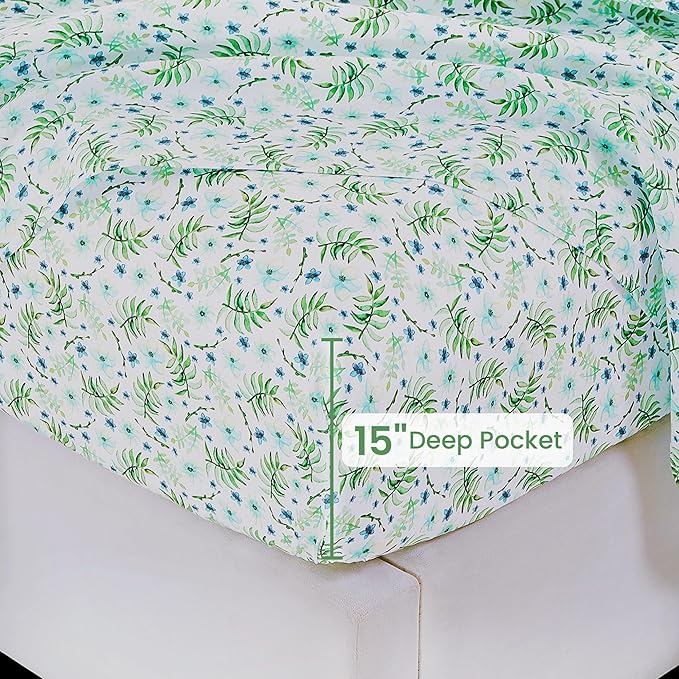 Softan Green Floral Queen Sheet Set, Cozy Botanical Microfiber Printed Fitted Bed Sheet with 15" Deep Pockets & Non-Slip Straps, Fresh Greenery Blooms Patterned Sheets & Pillowcase Set