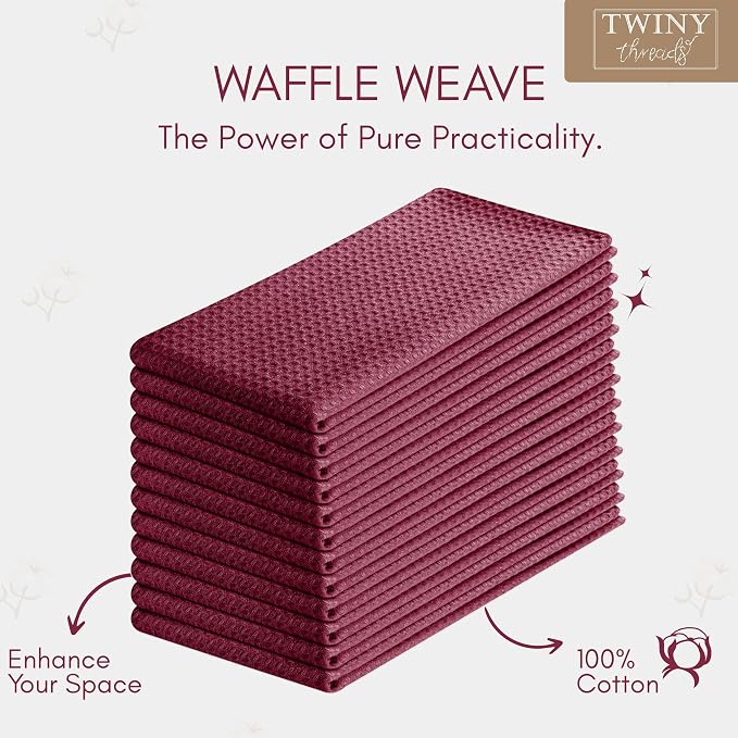 TWINY threads Dish Towel Waffle Weave, Set of 4, 16x26 Inch, Premium Large 100% Cotton Kitchen Linen Pack, Absorbent Cloths for Drying Dishes, Cookware, Quick Drying, Machine Washable, Burgundy Wine