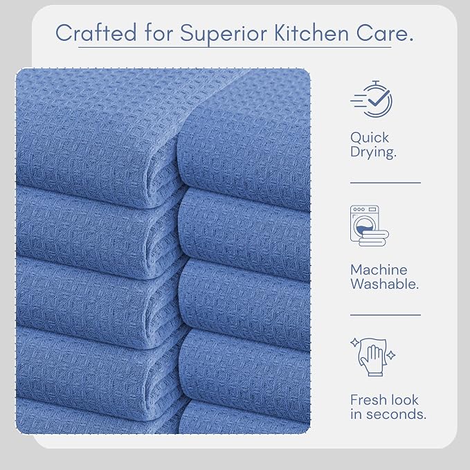 TWINY threads Blue Waffle Kitchen Towel 6 Pack, 16x26 Inch, Premium 100% Cotton Kitchen Linen Set, Absorbent Dish Cloths for Cleaning, Drying Dishes, Machine Washable, Durable, Quick Dry, Sky Blue