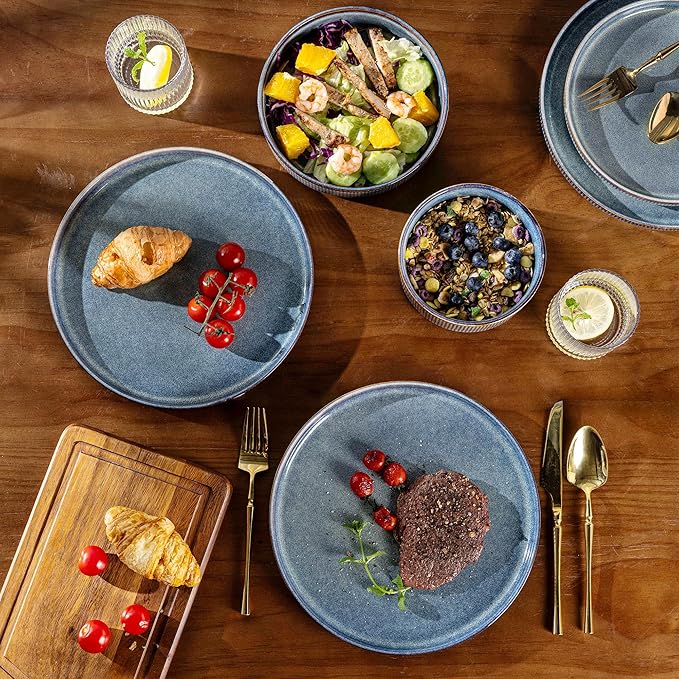 GBHOME 18-Piece Stoneware Dinnerware Set for 6 – Ribbed Ceramic Plates and Bowls, Scratch-Resistant, Microwave & Dishwasher Safe, Reactive Glaze, Ceylon Blue