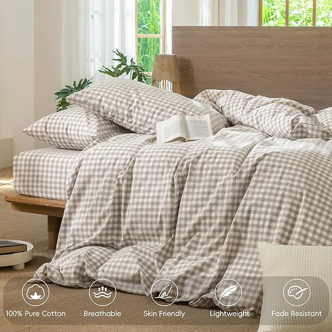 MooMee Gingham Duvet Cover Set 100% Washed Cotton Linen Like Textured Breathable Durable Soft Comfy Modern Checkered Design (Tannish Linen Grey Gingham, Cal King 104"x98")