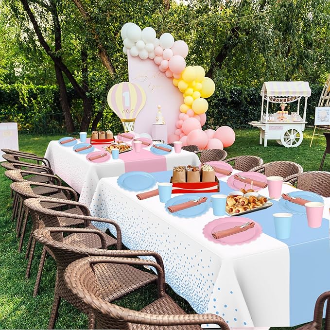 WNINK 2 Pack Pink and Blue Tablecloths, Gender Reveal Disposable Plastic Waterproof Table Cover for Boy or Girl Gender Reveal Party, Baby Shower, Birthday Party Decorations 54" x 108"