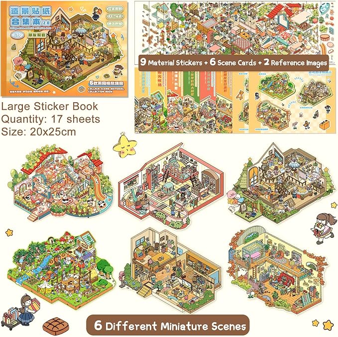 ASTARON 6 Sets DIY 3D Sticker Scene Book Sticker Therapy for Adults, Make Your Own Mini Cozy Shop House Room Stickers Cute Cartoon Miniature Stickers, Relief Stress Pass The Time