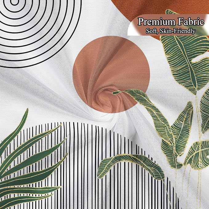 Mid Century Boho Shower Curtain, Abstract Modern Sun Minimalist Aesthetic Shower Curtain, Bohemian Geometric Arch Curve Leaves Neutral Art Fabric Bathroom Curtains Orange 72x84 inch