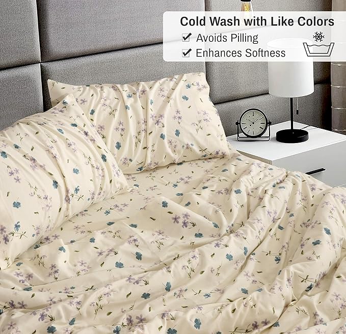 RUVANTI Flannel Sheets King Size - 100% Cotton Brushed King Size Sheets Set - Deep Pockets 16 Inches Bed Sheets - All Seasons Breathable & Extra Soft - Warm & Cozy, 4 Piece, Jasmine Stamp Cream