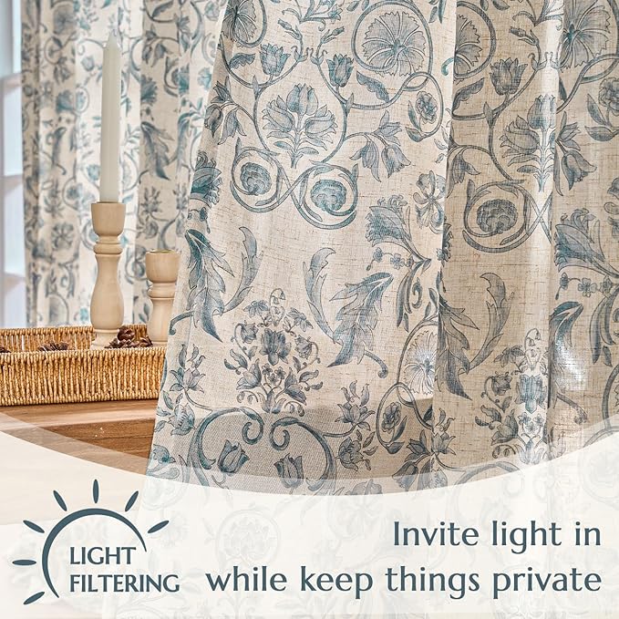 jinchan Linen Floral Curtains for Living Room with Printed Flower 96 Inches Long Light Filtering Farmhouse Window Treatment Vintage Drapes Back Tab Rod Pocket 2 Panels Blue on Beige