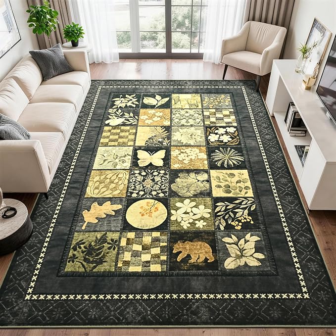 Tepook 6x9 Area Rugs for Living Room, Modern Large Geometric Rug for Bedroom, Washable Patchwork Rug Indoor Non Slip Throw Carpets for Dining Room Office Farmhouse Home Decor, Dark Grey